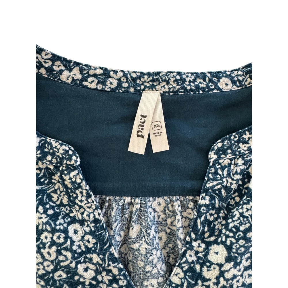 Pact XS Organic Cotton Floral Peasant Blouse Blue Long Sleeve Split Neck - Picture 5 of 7